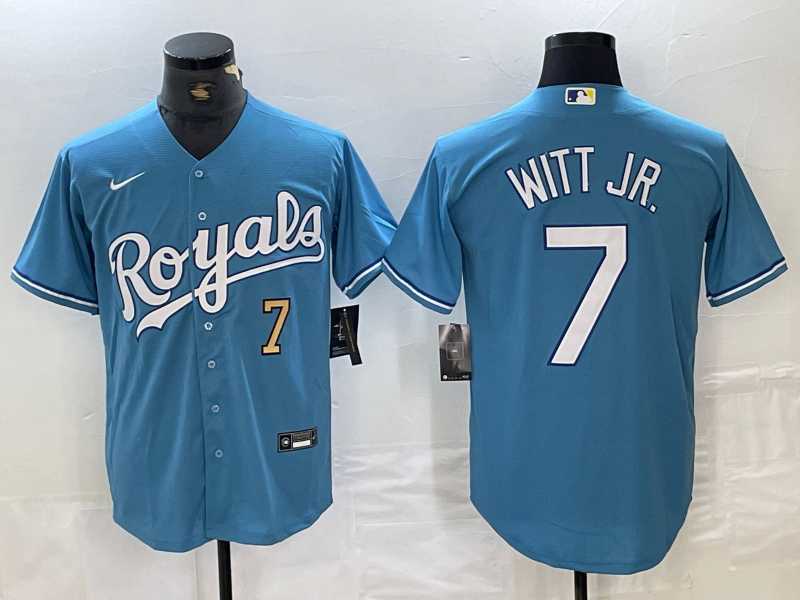 Men%27s Kansas City Royals #7 Bobby Witt Jr Number Light Blue Cool Base Stitched Jersey